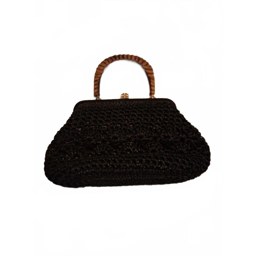 Vintage Black Crochet Handbag with Wooden Handle